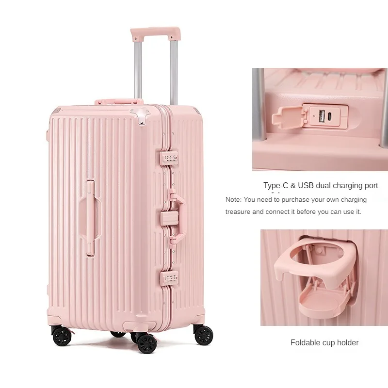 Upgraded Sports Aluminum Frame Luggage Pc Frosted Wear Resistant Surface Folding Cup Holder Buffer Universal Wheel Usb Suitcase