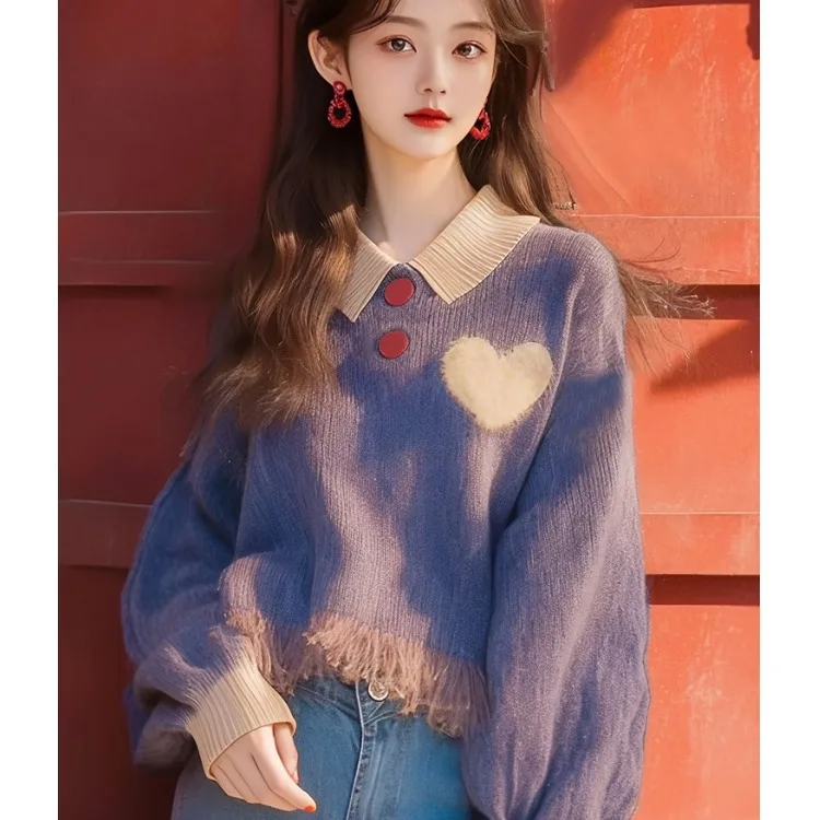 

Ранняя осень 2024, новый дизайн, свободный ленивый высококачественный мягкий фиолетовый вязаный свитер с кисточками, весна-осень, полиэфирное волокно