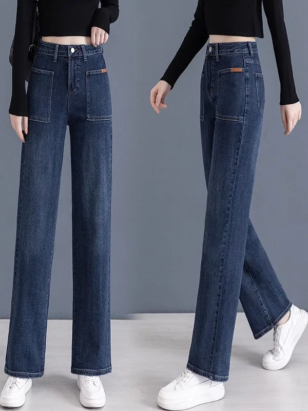 

High Waist Wide Leg Jeans Women's Spring Autumn Loose Slimming Straight Cut Cotton Stretch Denim Pants Thermal Control
