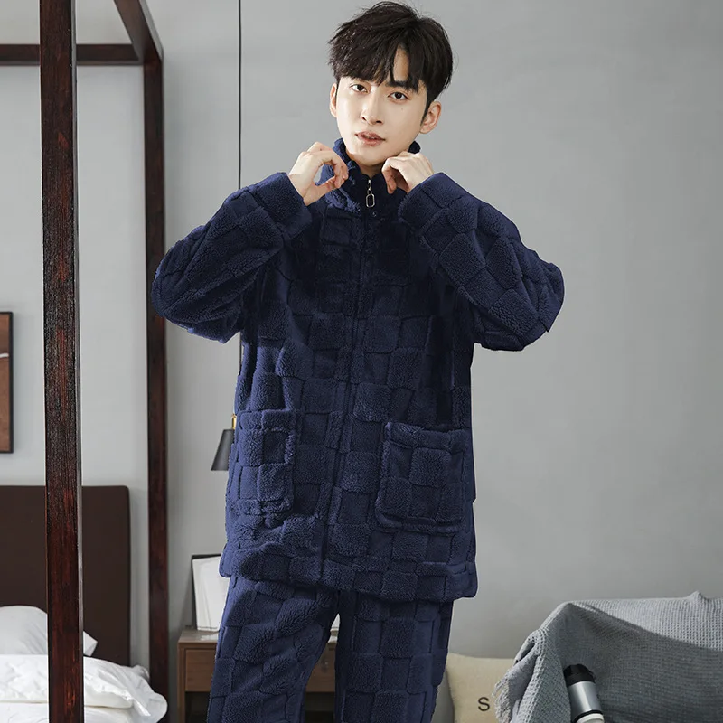 Autumn Wintert Can Be Worn Outside Men\'s Sleep Pajamas Zipper Thickened Homewear Fashion Set Winter