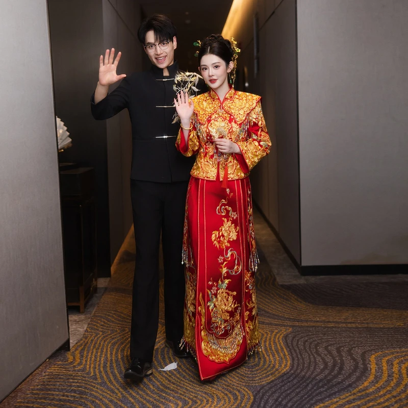 Embroidered shawl dragon phoenix coat wedding dress bride wedding show clothes wedding clothes national style men's and