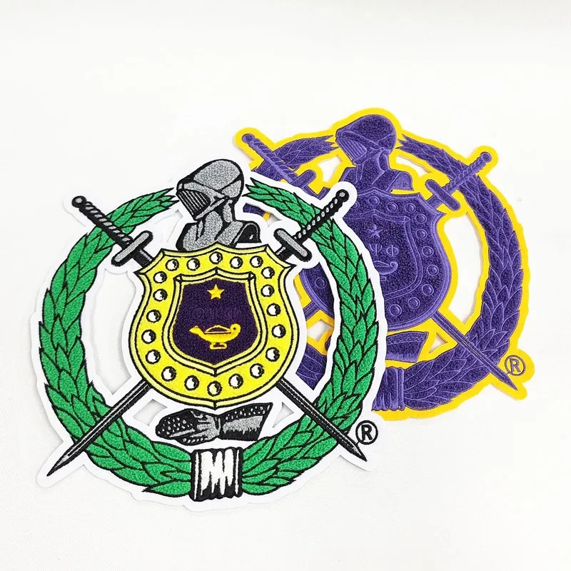 Gold & Purple Chenille Omega Psi Phi Patch, Omega Escutcheon Shield, Men of Greek, Towel Iron on Patch for Hoodies