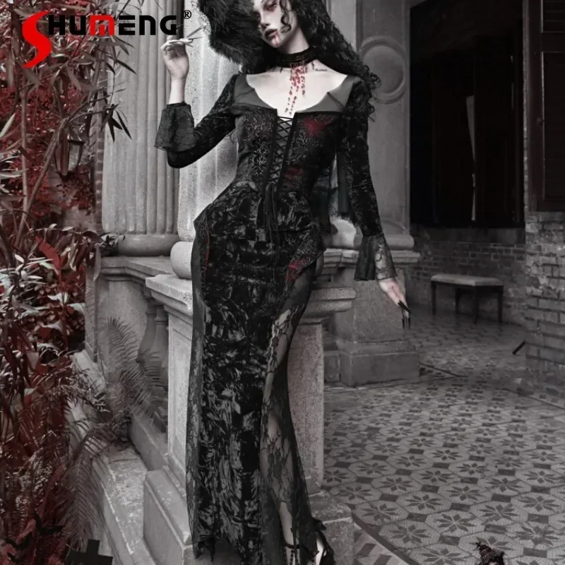 Japanese Gothic Dark Style Women's Chic Velvet Slim Fit Glitter Fishtail Dress Suitable For Halloween Party Vestidos De Mujer