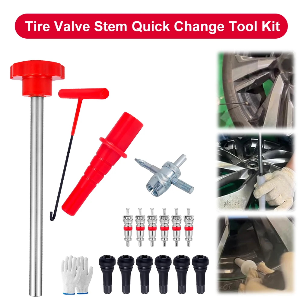 Quick Change Tire Valve Core Tool Kit with 6 TR413 Valve 4-Way Valve Tool Perfect Tool for Replacing Leaking Valves in Cars