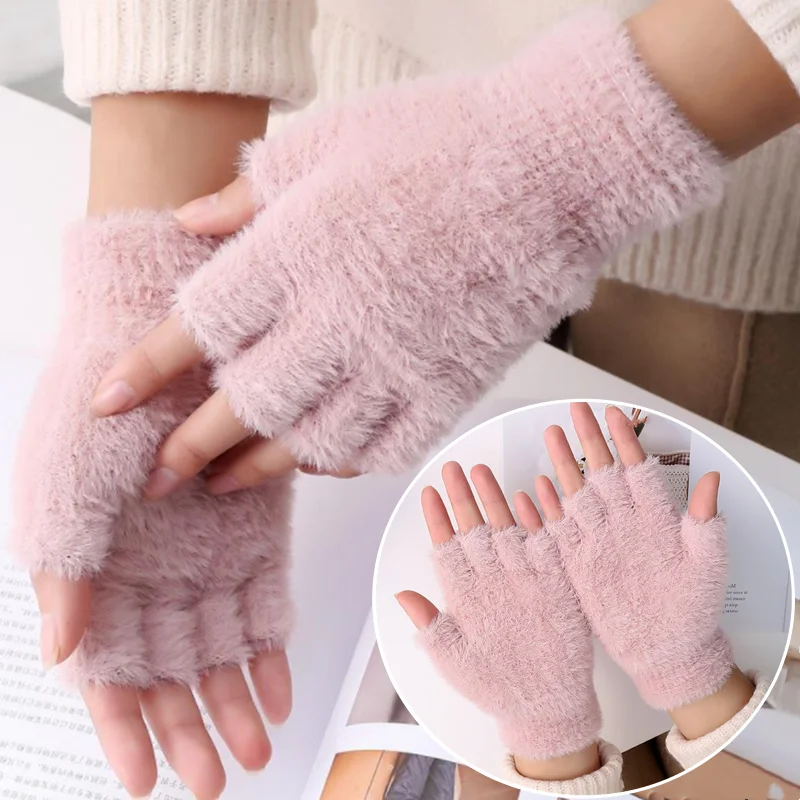 Guantes de visón, mitones de medio dedo, guantes cálidos de lana para invierno con pantalla táctil, calentadores de brazos, manoplas tejidas para hombres, guantes para mujeres y hombres