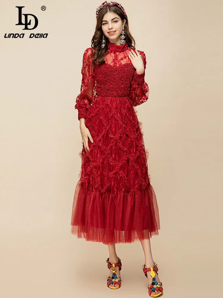 LD LINDA DELLA Runway Designer Summer Dress Mesh Lantern Sleeve Lace Ruffle Trim-hem High Waist Big swing Red Party Long Dress