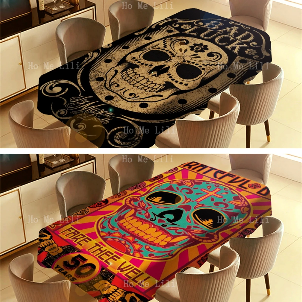 Skull Hand Painted Material Is Grateful And Died Of Colorful Skeleton Rectangle Tablecloth For Tabletop Decor