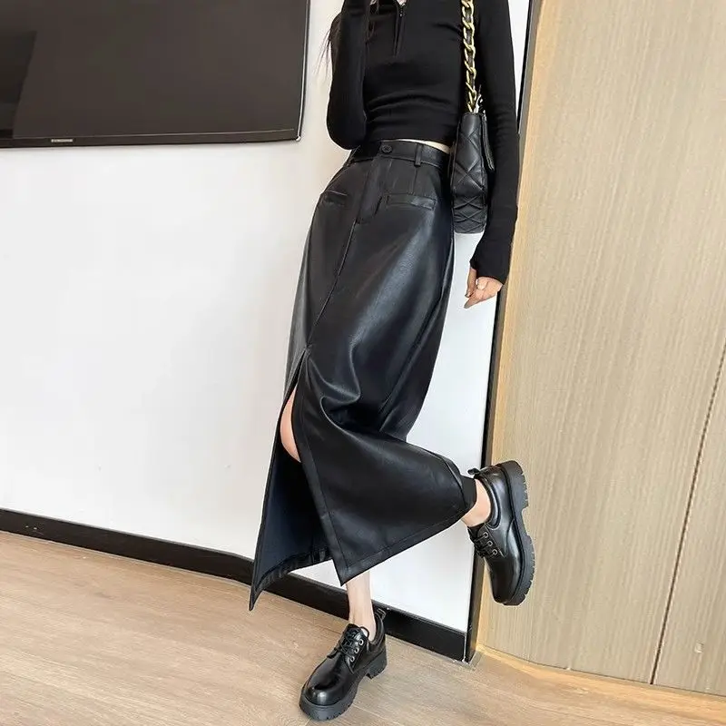 Slit Leather Skirt High-Waisted For Women 2024 Autumn Winter New Black PU Midi Skirt Black Korean Fashion Long Skirt