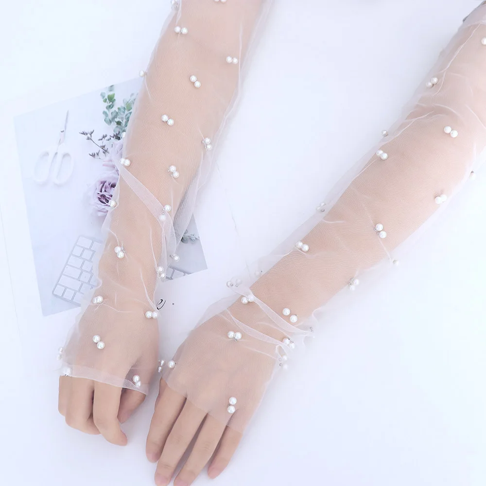 Women Shiny Crystal Long Gloves Wedding Mesh Transparent Breathable Anti-UV Sun Protection Party Mittens