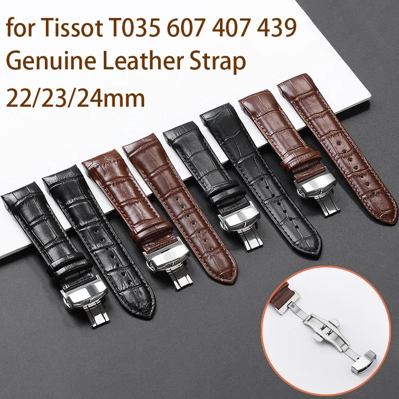 Genuine Leather Strap for Tissot T035 607 407 439 Butterfly Buckle Premium Cowhide WatchBand Men Women Wristbelt Band 22/23/24mm