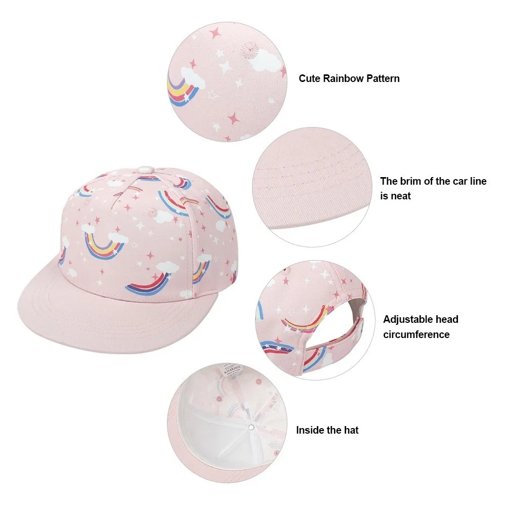 

Adjustable Closure Snapback Hat Breathable Cotton Five-Panel Structure Toddler Flat Brim Cap Vibrant Pattern