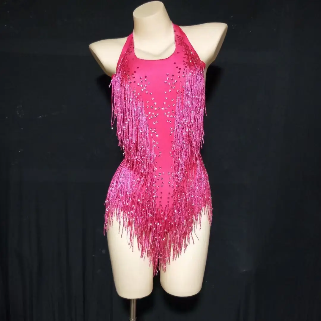 Singer  Party  Show Tassel Romper Rhinestones Jumpsuit Stretch Sexy Bodysuit Women Birthday Stage play Celebrate outfit