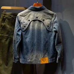 2024 New Retro Distressed Motorcycle Denim Jacket Men Fashion Polo Collar Stitching Scrape Long Sleeve Nostalgic Jacket Men