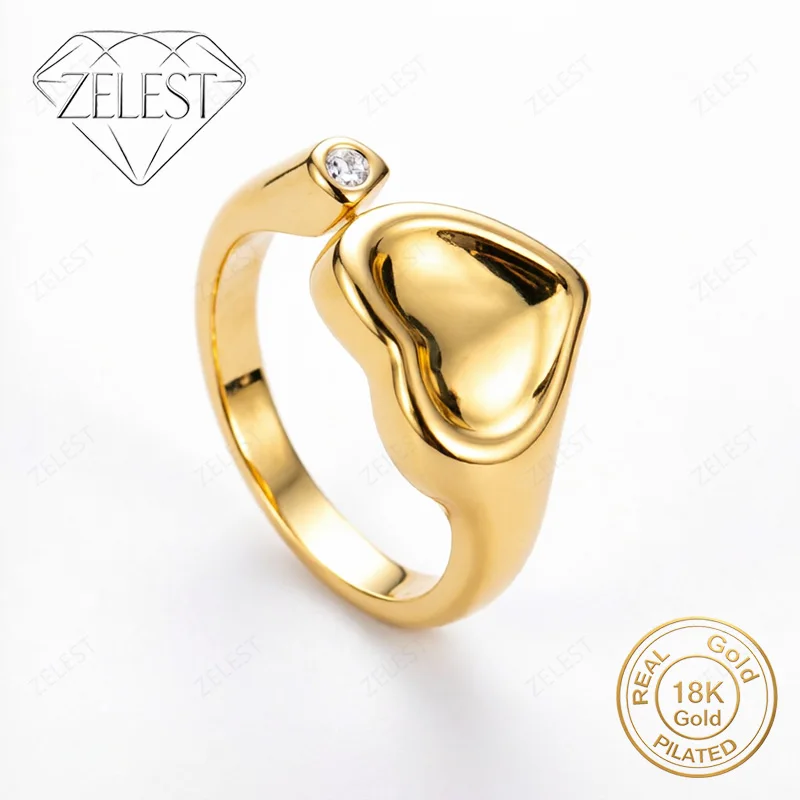 

925 Silver 18K Gold Plated Open Elegant Heart Shape Zircon Ring Women Fashion Party Favor Accessories Jewelry