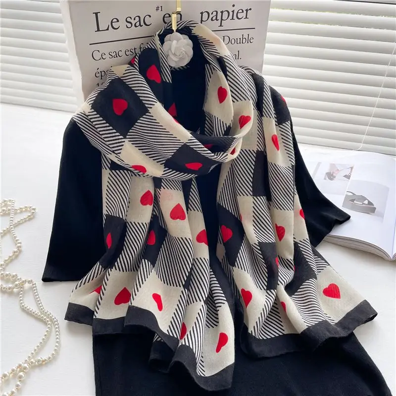 Love Heart Grid Scarf Soft Warm Thin Shawl Romantic Style Decorative Scarf For Women Valentine's Day Gifts