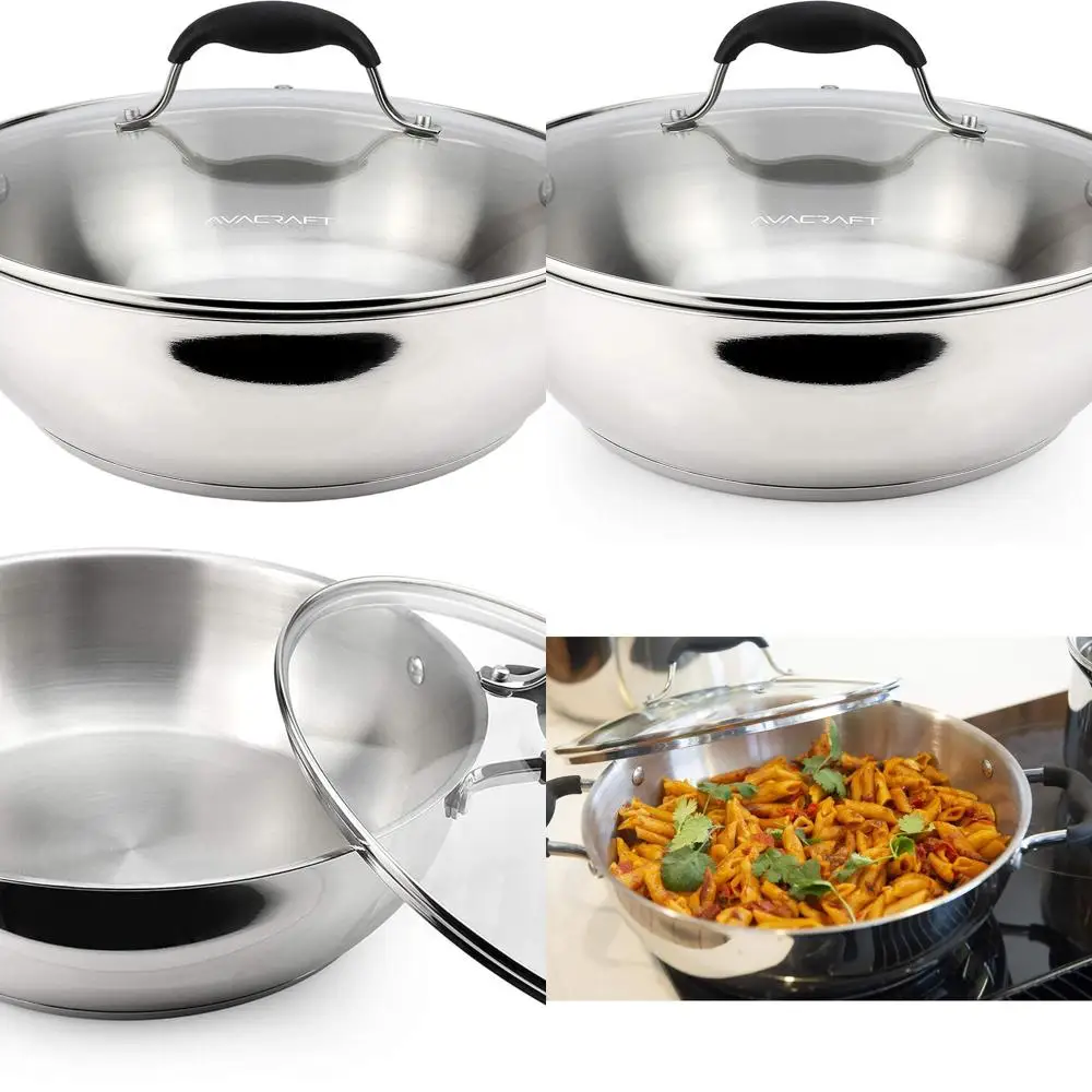 

11 Multipurpose Stainless Steel Skillet with Glass Lid and Five-Ply Base for Stir Fry, Saute, Stew, Casserole