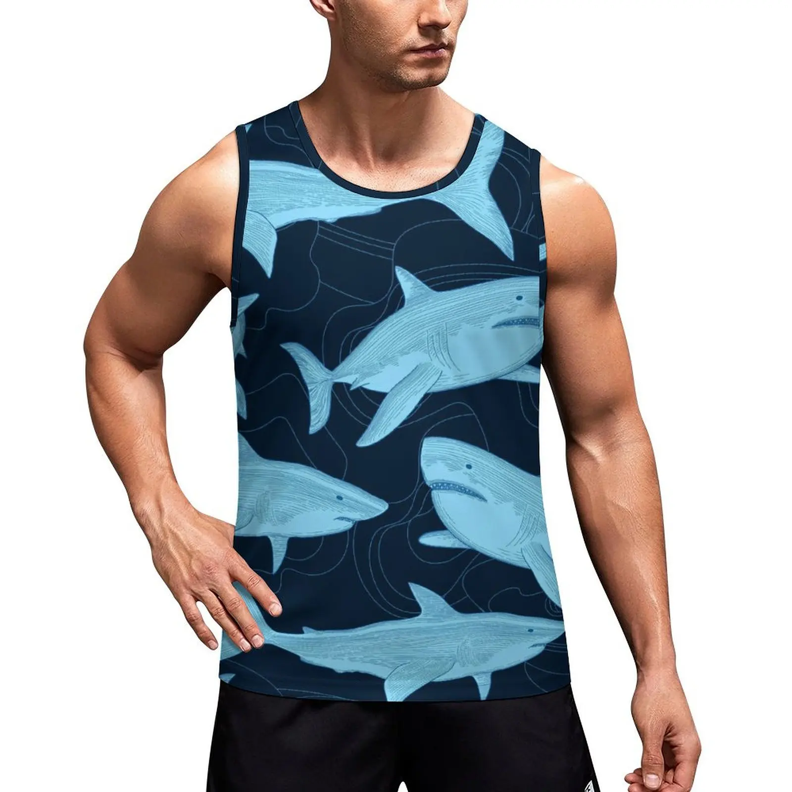 Sharks Tank Top Mens Animal Fish Ocean Sea Streetwear Tops Summer Training Design Sleeveless Shirts Big Size 4XL 5XL