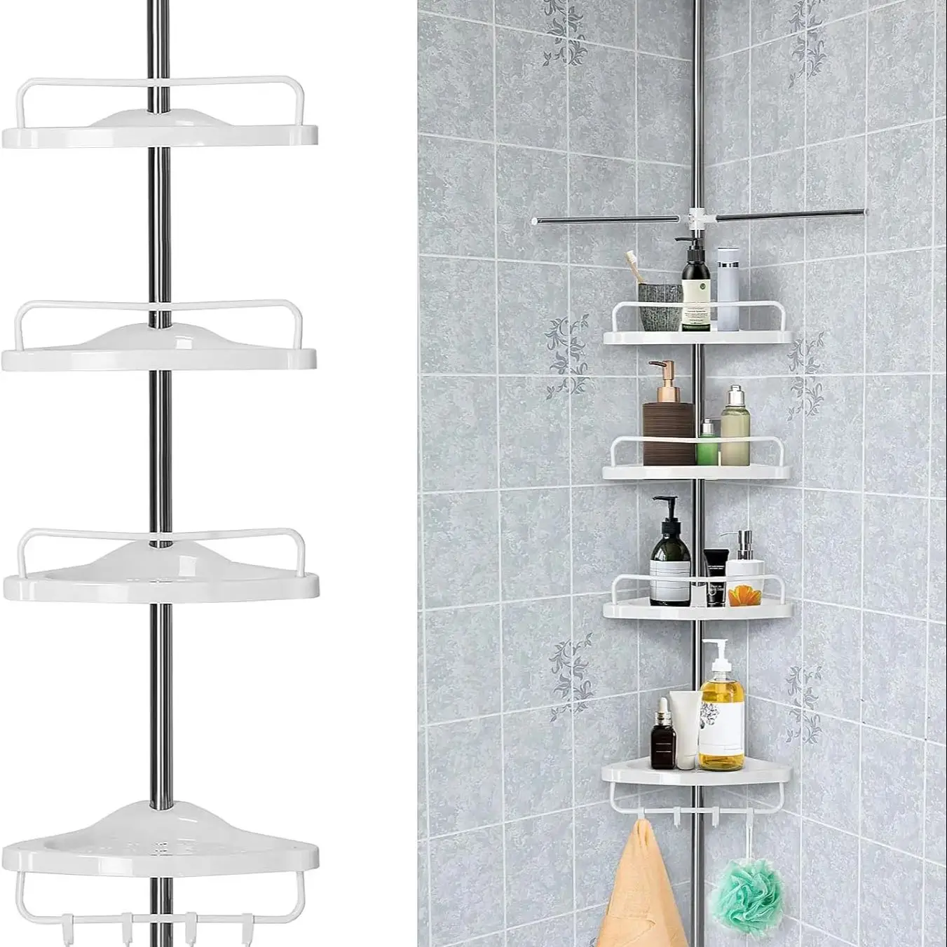 Telescopic 4-Tier Shower Caddy Corner Shelves, Bathroom Shower Storage Organiser with 4 Trays, 4 Hooks, Adjustable 110 to 305 cm