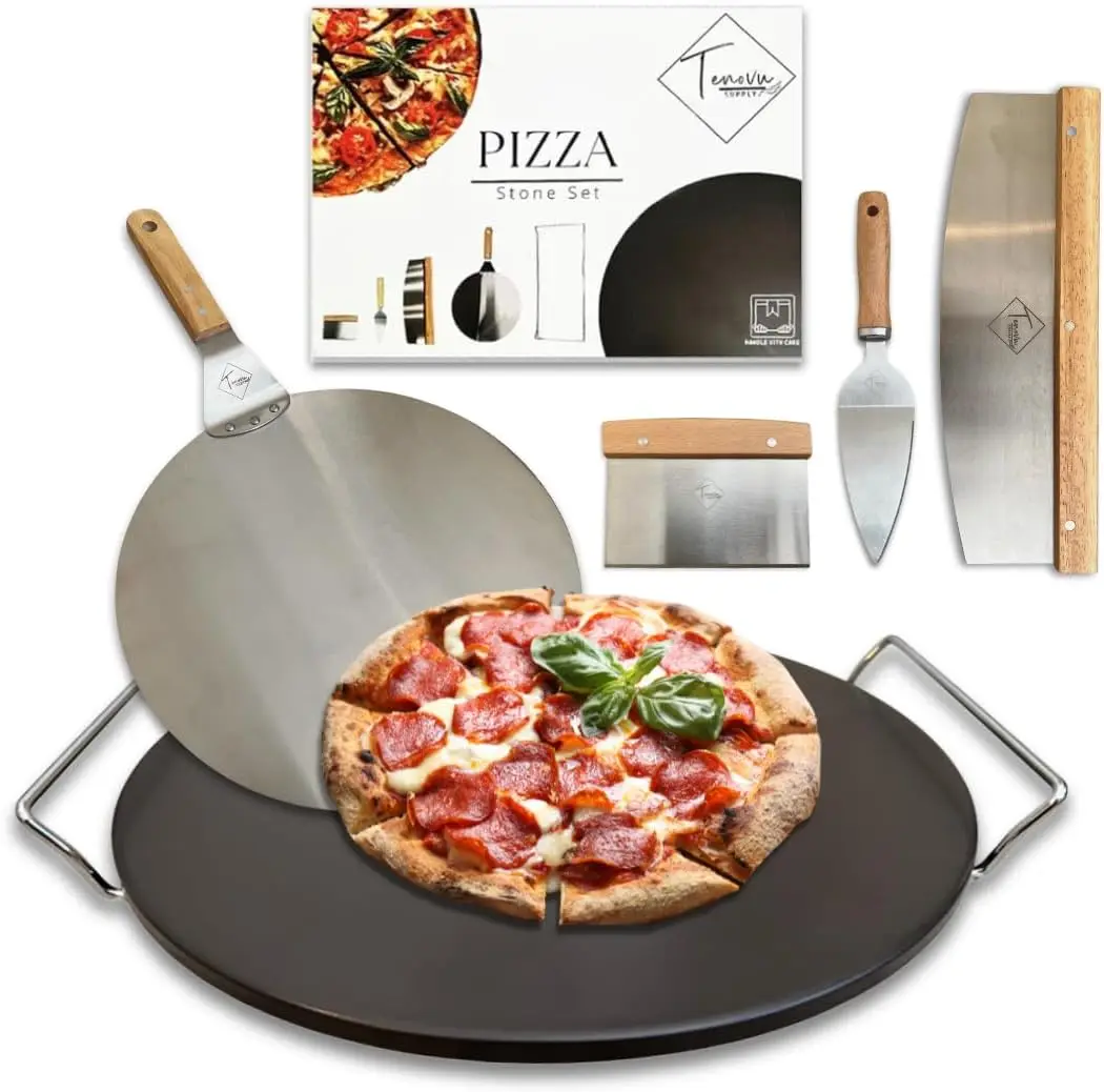

Tenovu Supply 6 Piece Pizza Stone for Oven and Grill with 13" Black Cordierite Stone, Metal Holder/Rack, Stainless Steel Peel, D