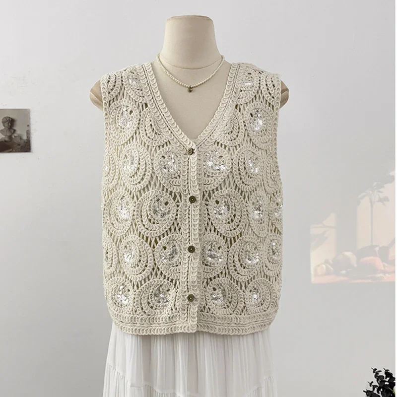 

Glitter Sequin Crochet Vest Top for Women Sleeveless Button Up Sheer Openwork Knit Top Summer Boho Festival Outfit 2025 New