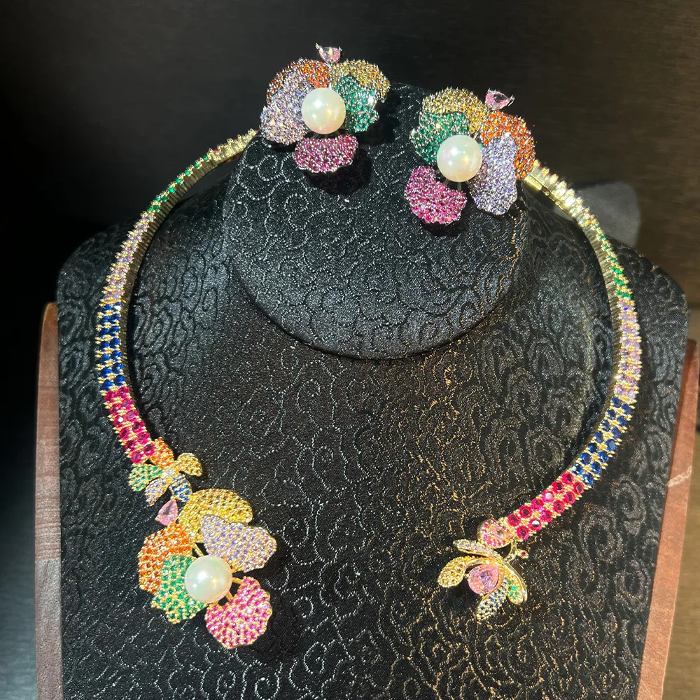 Women Pearl Colored Flower Zircon Open Necklace Stud Earrings Set 2025
