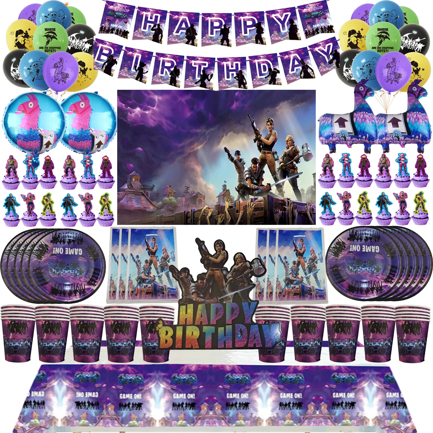 

Shooting Game Fortnition Party Decorations Tableware Cups Plates Cartoon Alpaca Llama Foil Balloons Baby Shower Party Supplies