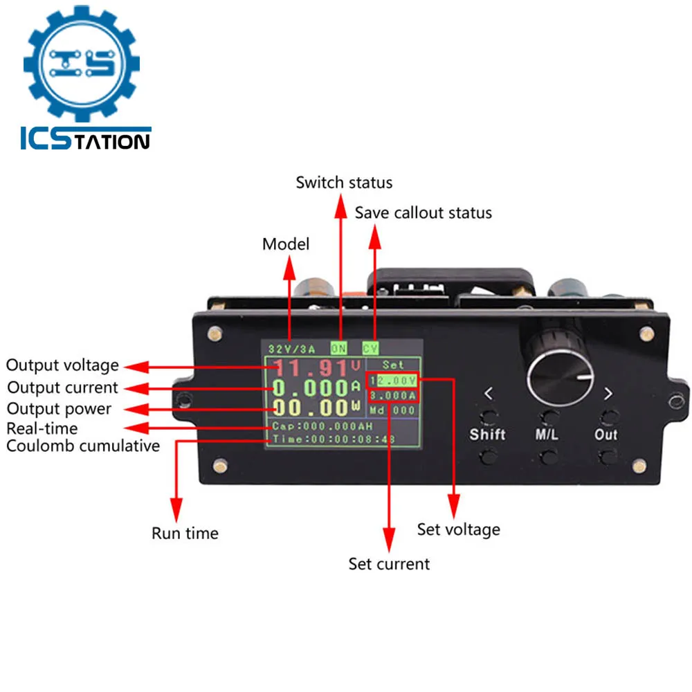 

DC-DC Buck Converter 1.8in TFT LCD Step Down Power Supply Module CC CV 6V-40V to 1V-32V 3A Adjustable Voltage Stabilizer