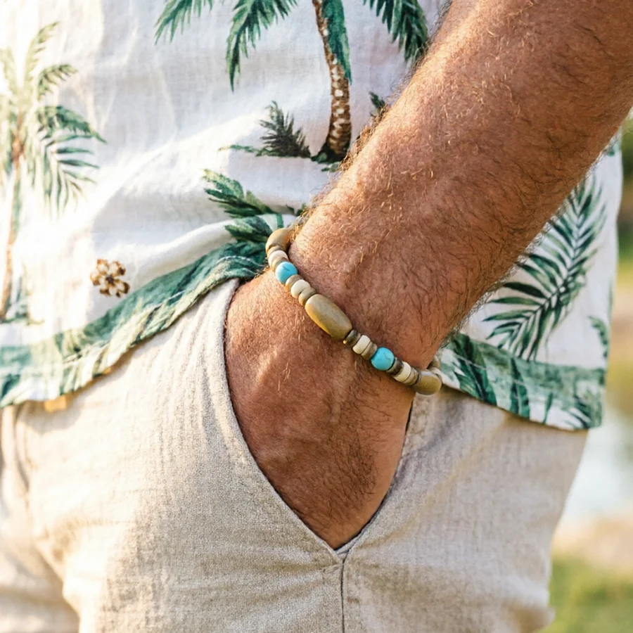 Vacation Style Natural Wooden Stone Beads Bracelet Men Casua