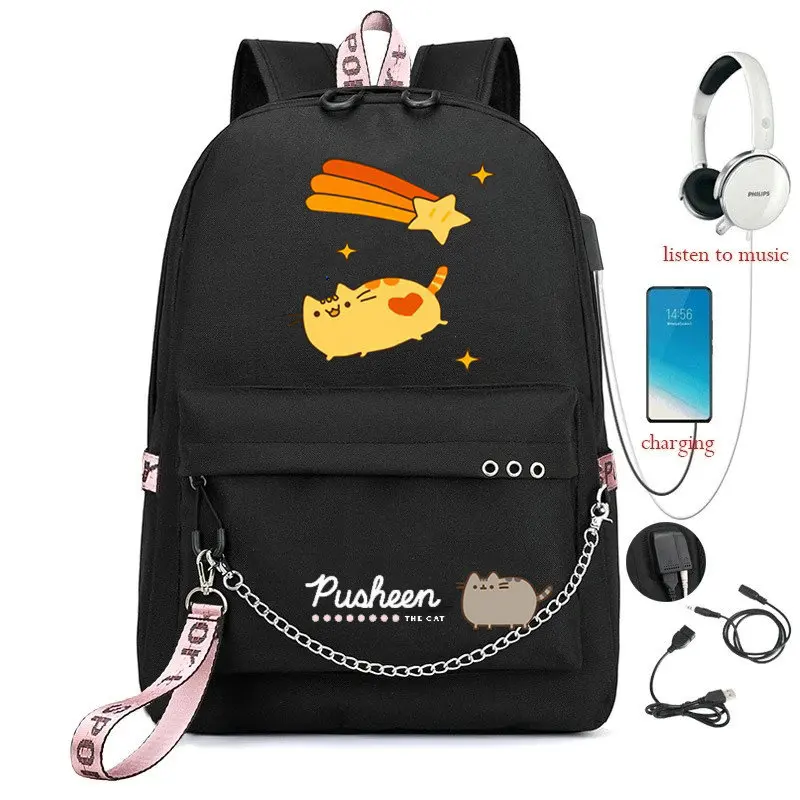 Mochila Kawaii Fat Cat con puerto USB, Bolsa Escolar de Anime para adolescentes, estudiante, gato