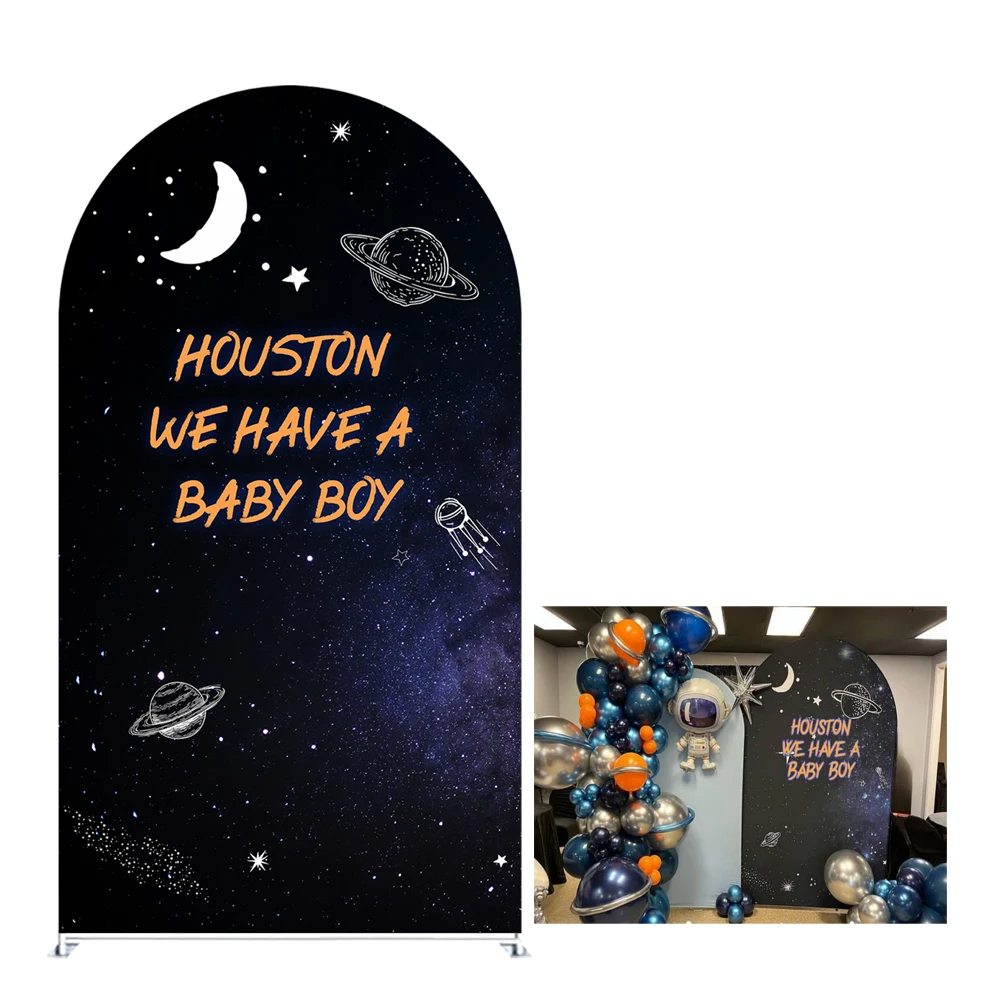 

Houston We Have A Boy Theme Arched Backdrop Covers Outer Space Spandex Cover for Astronaut Baby Shower Party Decoration G-4354