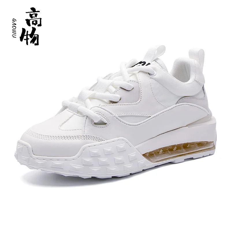 European station men\'s shoes white sneakers fashion air cushion bottom shock absorbing board shoes leather breathable casual sho