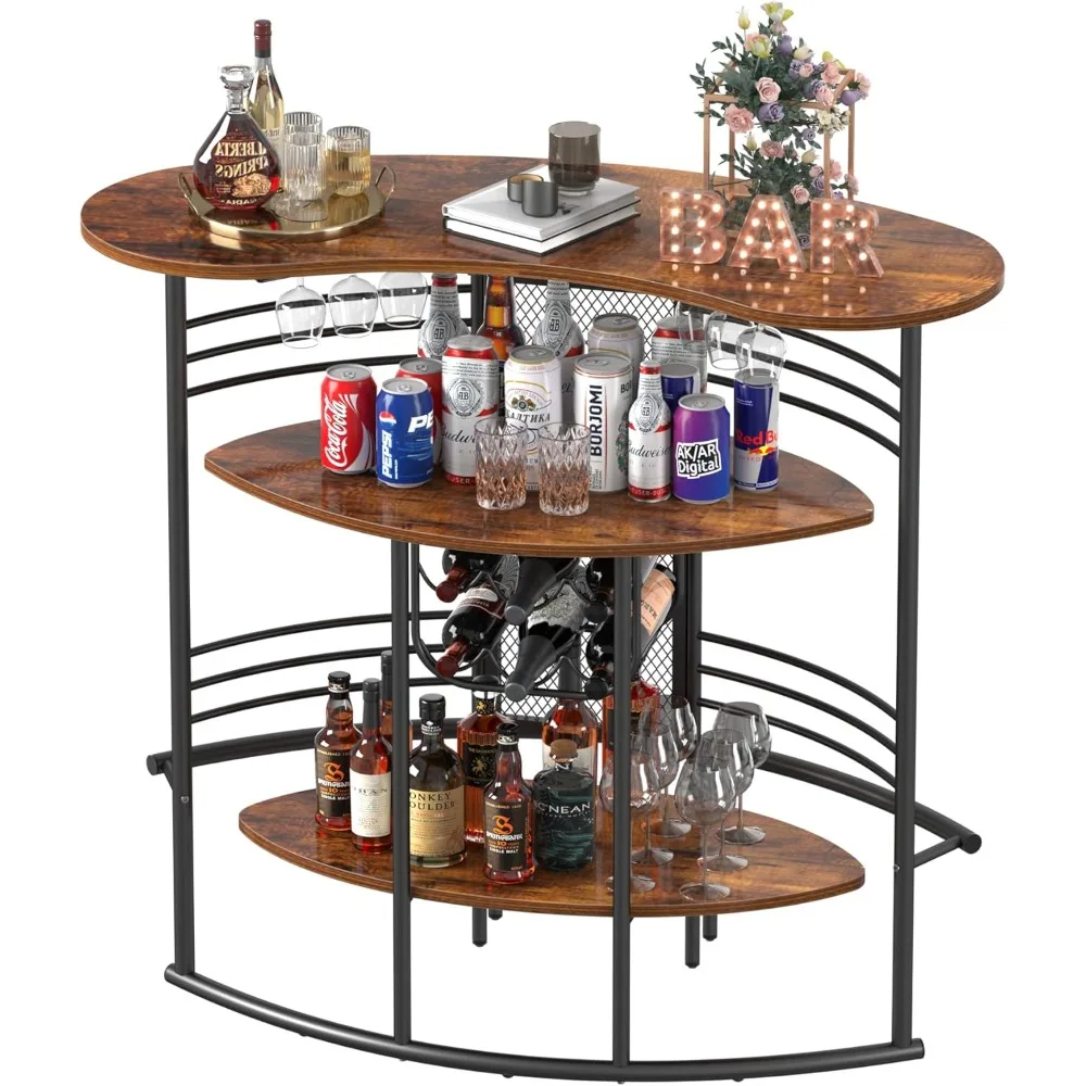 

Home Bar Unit, 3 Tier Liquor Bar Table with Storage Shelves and Wine Glasses Holder, Industrial Coner Mini Coffe Bar Cabinet fo