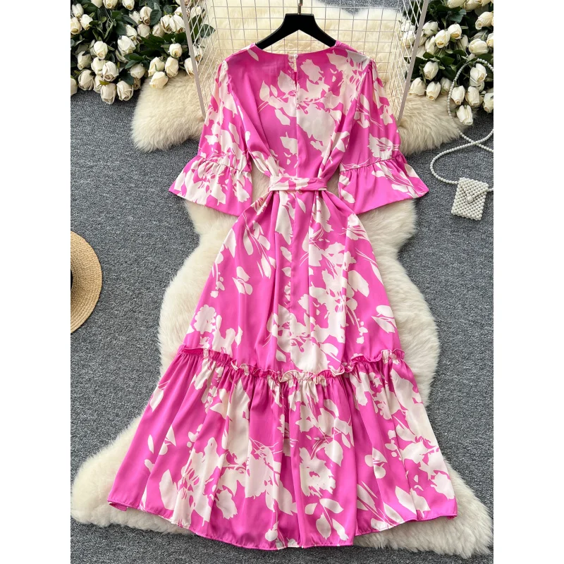 Boho donna slim chic estate stampa floreale fasciatura abito lungo casual festa volant vestido de festa elegante abito con maniche svasate