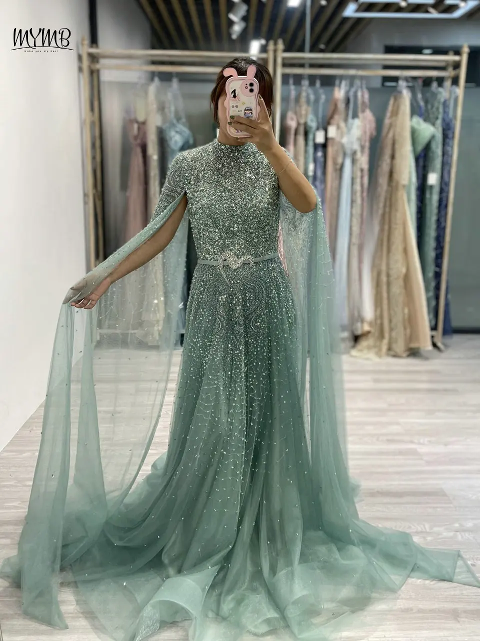MYMB Exclusive High Neck Cape Sleeves Prom Party Dress Dubai Luxury Belt Beading A-Line Tulle Overlay Evening Gowns MB40029