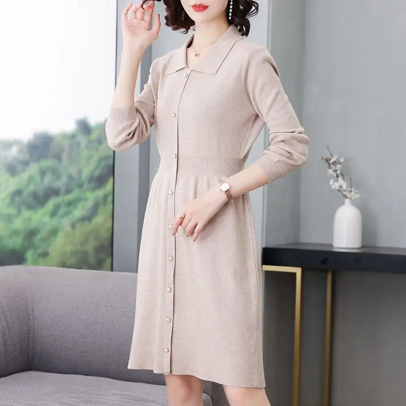 Autumn Women's Fashion New Korean Solid Color POLO Neck Long Sleeved Knitted Dress Spring Multi Color Loose Comfortable Dress