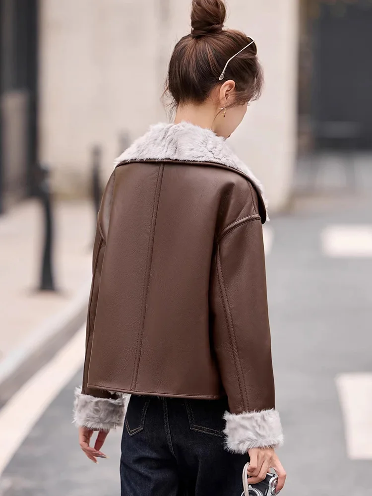 New Women Double Faced Velvet Split Leather Jacket Autumn Winter Fashion Turn-down Collar Thick Warm Loose Short Coat Female