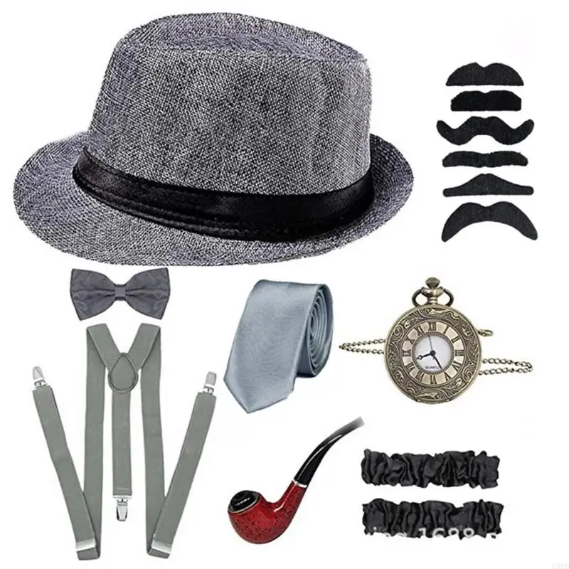 H9ED Halloween 1920s Men Gangster Accessories Set Panama Hat Suspender Bowtie 1920s Carnivals Party Cosplay Accessories