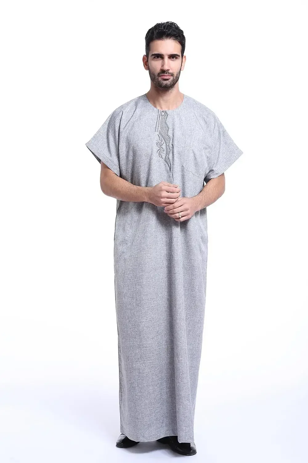 Islam Men Short Sleeve Robes Dress O-Neck Muslim Arabic Turkey Jubbe Thobe Saudi Arab Traditional Kaftan Abaya Dubai Eid Ramadan