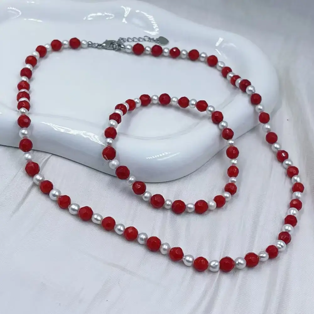 

4 мм 6 мм подарок на день рождения красное море бамбук коралл белый жемчуг натуральные драгоценные камни женские колье ожерелье браслет комплект ювелирных изделий 17,5 "8"