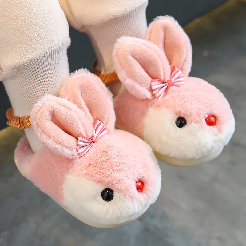 New Children\'s Plush Slippers Girls Autumn Winter Kids Slides Cute Rabbit Toe Wrap Indoor Home Floor Non-Slip Warm Cotton Shoes