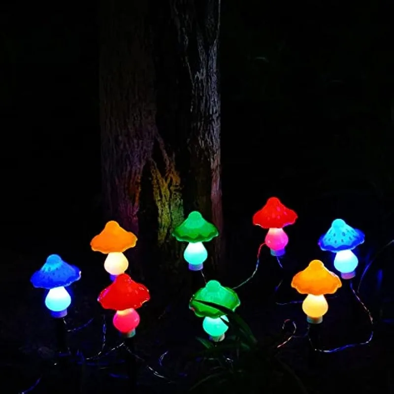 Mushroom String Lights para Jardim, Luz Solar, 8LED, Quintal, Pátio, Out Side, Paisagem, Impermeável, Natal, Dia das Bruxas, Caminho, Gramado, ao ar livre