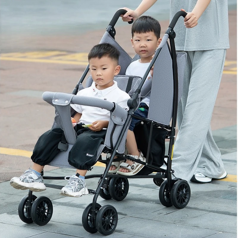 

‌Front-Back Seat Twin Stroller - One-Key Fold, Spine Support, 5-Point Harness, Full Sunshade & Compact Double Baby Carrier