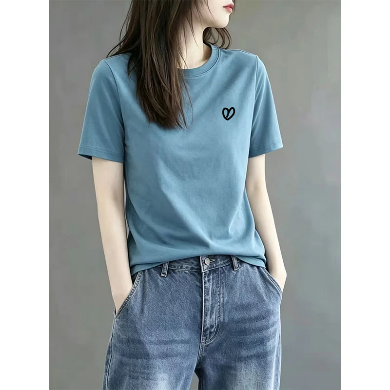 Summer 2026 Loose Fit Short Sleeve T-Shirt Women's Casual Style Lake Blue Slimming Fashionable Printed Cotton Polyester Blend