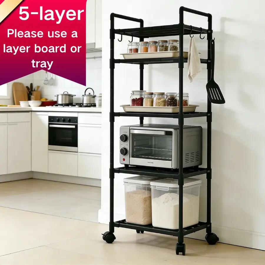 5 Tier Black Storage Rack, Multi-Functional Kitchen Shelf With 4 Hooks, Practical, With Wheels, Easy To Move, Strong Load-Bearing Capacity, Suitable For Kitchen, Bathroom, Warehouse, Office And Other Scenarios