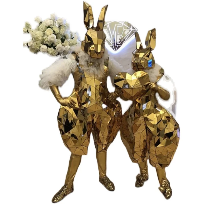 Gold rabbit mirror costume Stage show MEN WOMEN halloween party cosplay costumes Silver mirror performance suit Animal performan