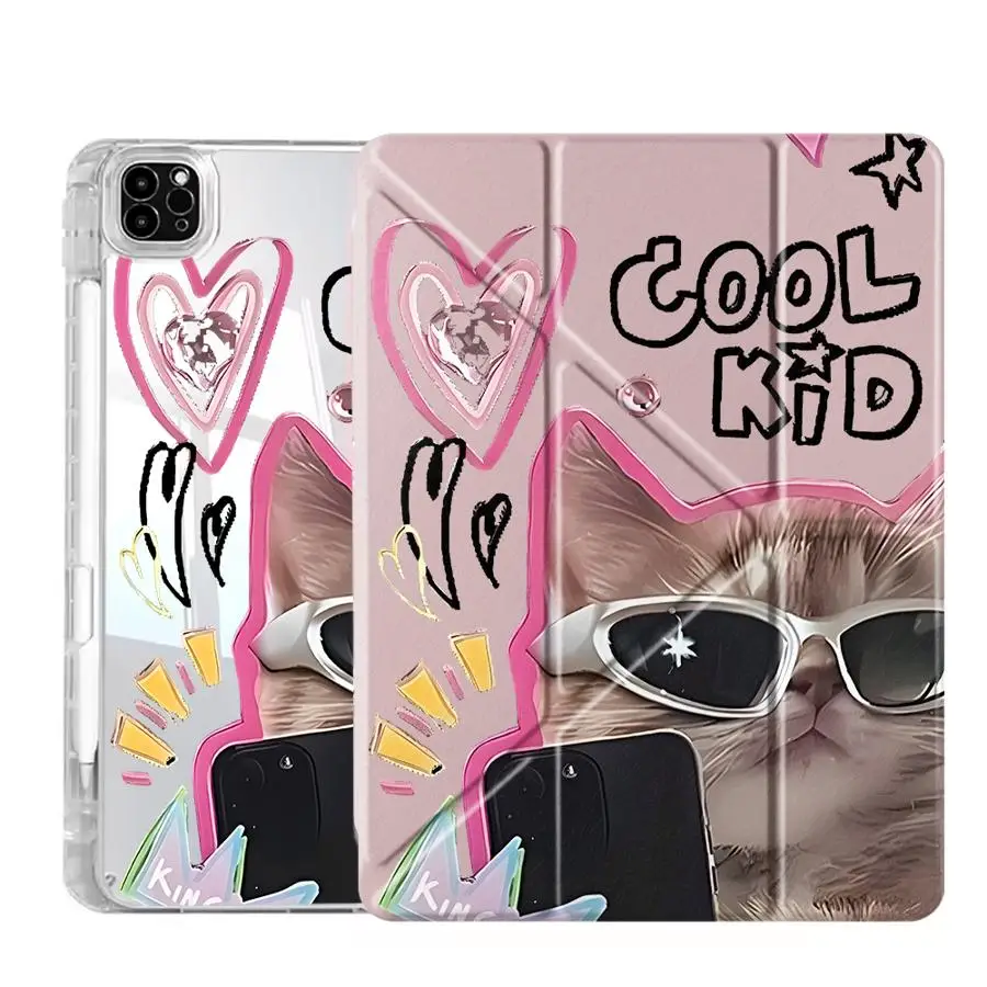 Cool Cat Y-Fold Holder Cover Tablet Case For iPad Mini 6 7 Pro 11th 10th 9th 8th 7th 12.9inch Pro 2025 Air 4 5 M3 M2 1 2 M4