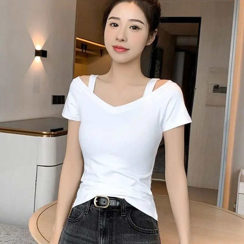 Women Summer Simplicity Slim Office Lady Solid Color Off Shoulder Short Sleeve T-Shirt Women Clothes Casual All-match Trend Tops