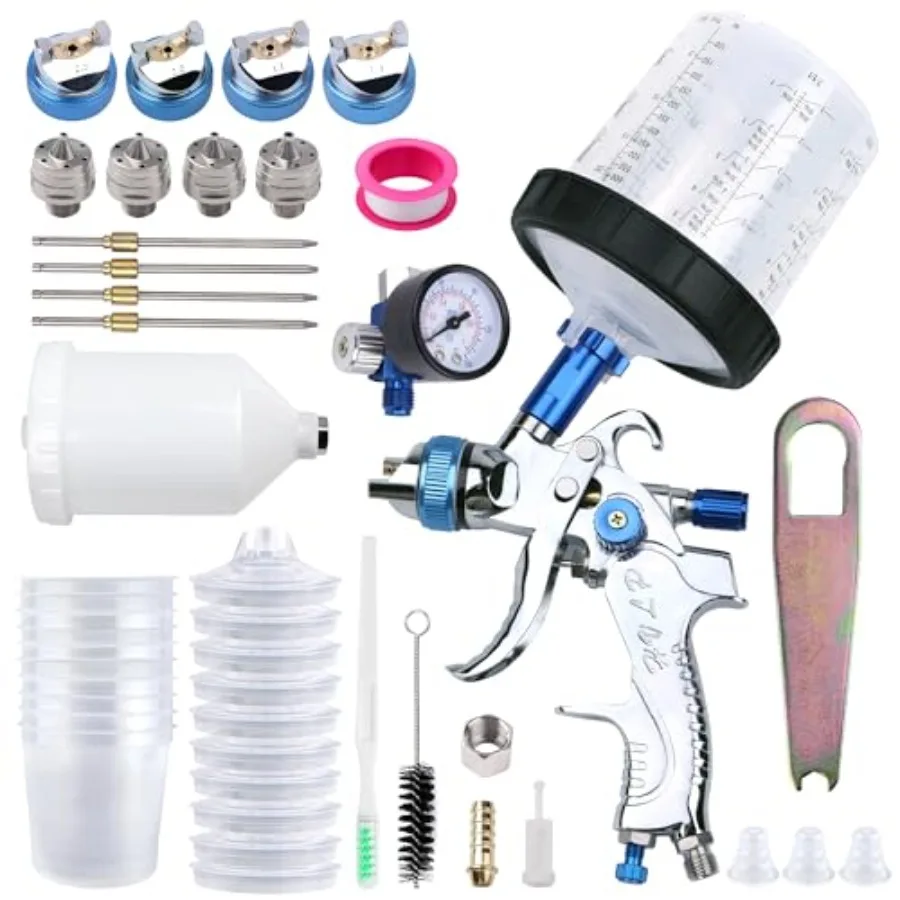 

HVLP Spray Gun with 10Pcs 600ML Disposable Paint Cups for Automotive Painting Gravity Feed Spray Gun Kit with 4 Nozzles 1.4 1.7