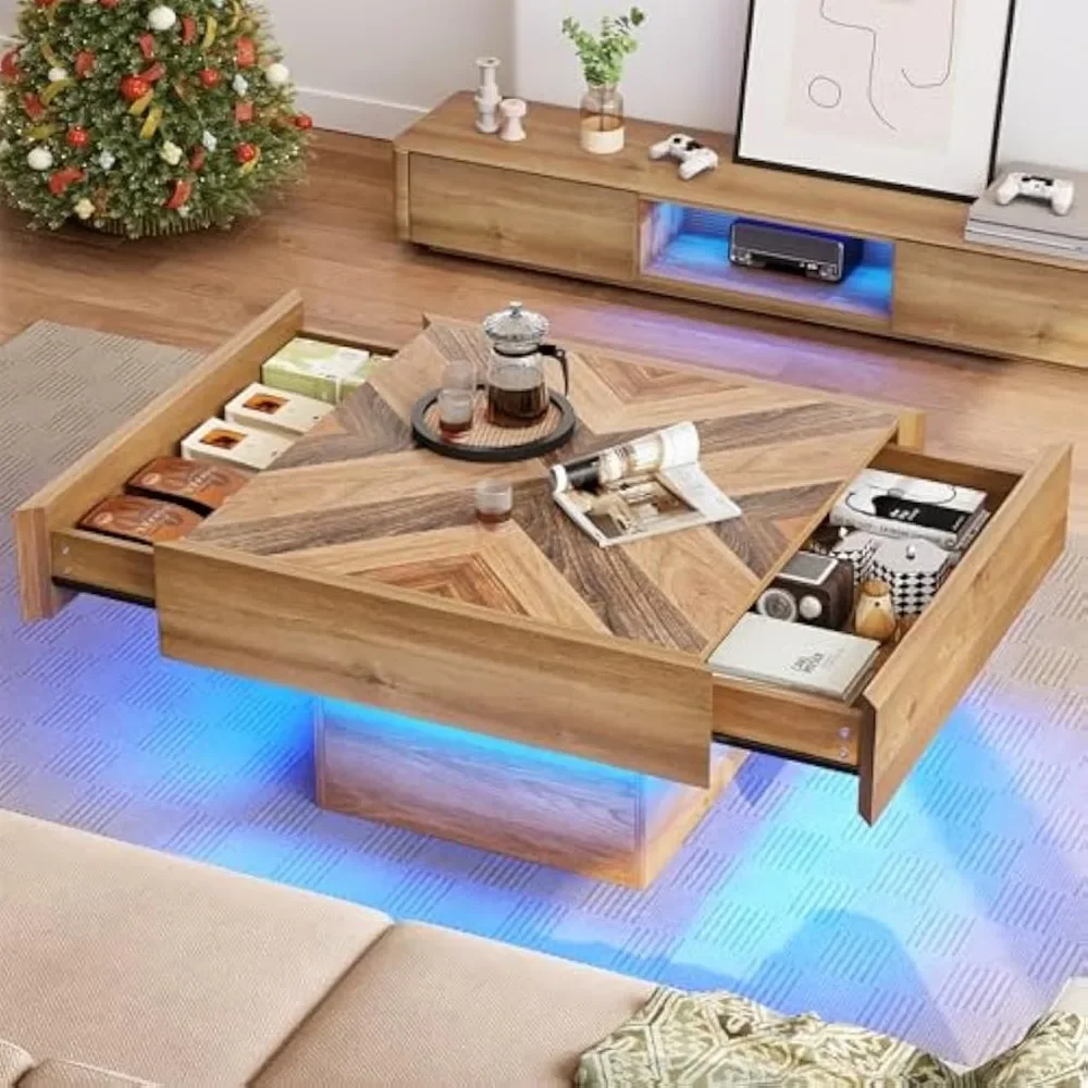 Farmhouse Coffee Tables Square Coffee Table for Living Room Wood LED Coffee Table with Storage Modern Living Room Table with