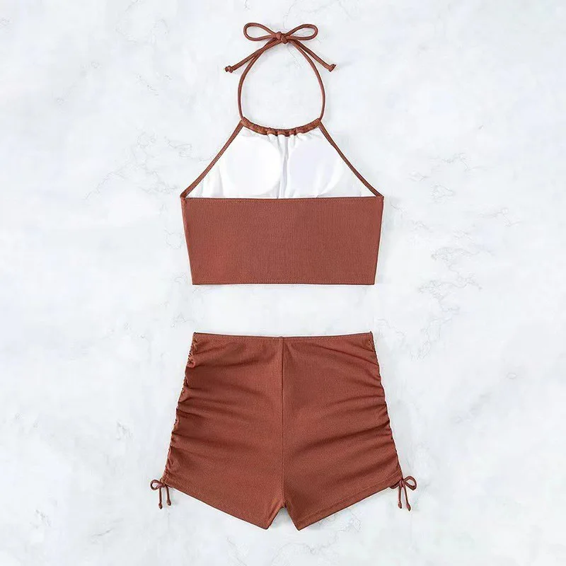 Solid Color Split Swimsuit Female Sexy Off-the-shoulder Neck Strap Bikini Bikini 2 Pieces Tankini Swimsuits Women Biquinis Set B